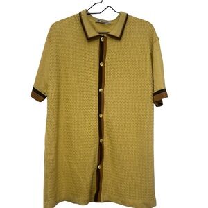 Stacy Adams Men XXL Knit Polo Shirt Yellow Gold Retro Mod 50s 60s Style Textured